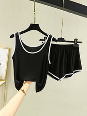 Home Wear Loose Sleeveless Contrast Color Round-Neck Vest&Shorts Pajamas Set