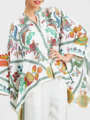 Buttoned Flower Print Batwing Sleeves High-Low Mock Neck Blouses&Shirts Tops