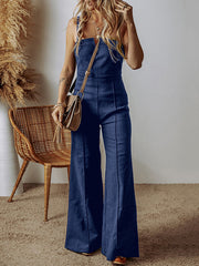 Pockets Solid Color Zipper High Waisted Loose Spaghetti-Neck Jumpsuits