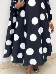 Long Sleeves Loose Contrast Color Polka-Dot Round-Neck Maxi Dresses