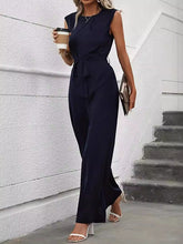 Solid Color Split-Joint Tied Waist Loose Sleeveless Round-neck Jumpsuits