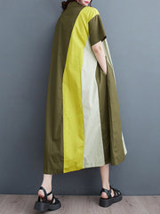 Multi-Colored Loose Short Sleeves Polo Midi Dresses