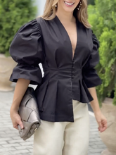 Asymmetric Buttoned Solid Color High-Low Puff Sleeves Deep V-Neck Blouses&Shirts Tops