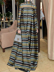 Long Sleeves Loose Multi-Colored Pleated Striped High Neck Maxi Dresses