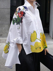 Buttoned Flower Print Pockets Split-Side High-Low Long Sleeves Stand Collar Blouses&Shirts Tops