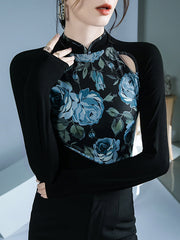 Buttoned Flower Print Hollow Split-Joint Long Sleeves Skinny Round-Neck T-Shirts Tops