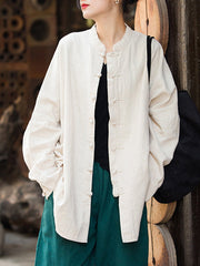 Chinese Frog Buttons Pleated Solid Color Split-Joint Batwing Sleeves Loose Stand Collar Blouses
