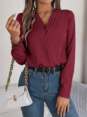 Pleated Solid Color Split-Joint Long Sleeves Loose V-Neck T-Shirts Tops