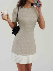 Pleated Polka-Dot Split-Joint A-Line High Waisted Round-Neck Mini Dresses