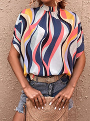Pleated Printed Tied Batwing Sleeves Half Sleeves Mock Neck Blouses&Shirts Tops