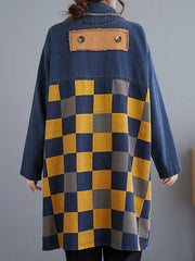 Buttoned Fringed Plaid Pockets Split-Joint Long Sleeves Loose Notched Collar Denim Outerwear