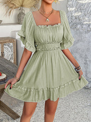 Elasticity Pleated Ruffle Trim Solid Color A-line High Waisted Square-neck Mini Dresses