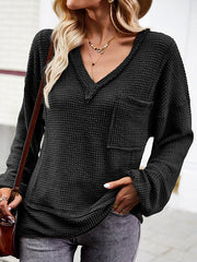 Elasticity Pockets Solid Color Split-Joint Long Sleeves Loose V-Neck T-Shirts Tops