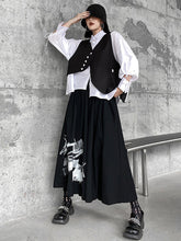 Original Loose Lace-Up Hollow Sleeve Blouse+Black Vest+Wide Leg Pants Culotte Three Pieces Set