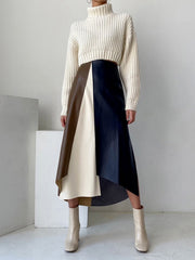 Asymmetric Contrast Color Split-Front A-Line High Waisted Skirts Bottoms