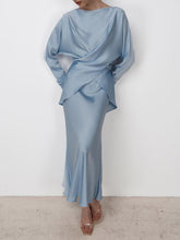 Loose Solid Color Split-Joint Boat Neck Long Sleeves Blouse & Shirt + Skirt Two Pieces Set