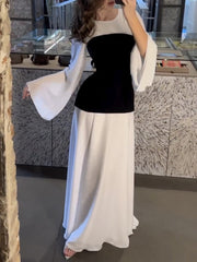 Flared Sleeves Contrast Color Round-Neck Maxi Dresses