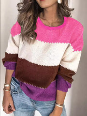 Contrast Color Split-Joint Striped Long Sleeves Loose Round-Neck Sweater Tops Pullovers
