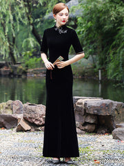 Original Applique Pleuche Stand Collar Half Sleeves Long Cheongsams