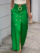 Belted Buttoned Pockets Split-Front High Waisted Loose Skirts Bottoms