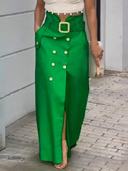 Belted Buttoned Pockets Split-Front High Waisted Loose Skirts Bottoms