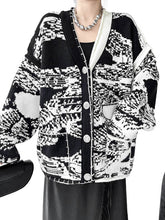 Abstract Printed Buttoned Contrast Color Pockets Split-Joint Long Sleeves Loose Collarless Outerwear Cardigan Tops