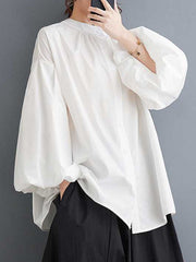Buttoned Hollow Pleated Solid Color Loose Nine-Minute Sleeve Round-Neck Blouses&Shirts Tops