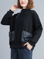 Simple Long Sleeves Loose Split-Joint Solid Color High-Neck Sweatshirt Tops