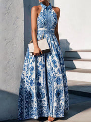Flower Print Split-Joint A-Line Loose Lapel Maxi Dresses