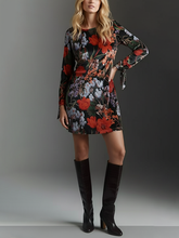Long Sleeves Contrast Color Flower Print Split-Joint Tied Round-Neck Mini Dresses