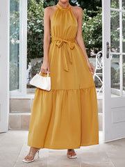 Pleated Ribbed Solid Color Sleeveless Halter-Neck Maxi Dresses
