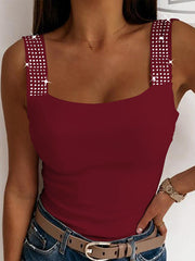 Elasticity Rhinestone Split-Joint Skinny Sleeveless Spaghetti-Neck Vest Top