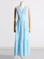 Buttoned Crochet Embroidered Hollow Solid Color Zipper High Waisted Sleeveless Deep V-Neck Maxi Dresses
