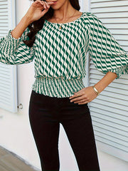 Loose Puff Sleeves Elasticity Printed Split-Joint Round-Neck Blouses&Shirts Tops