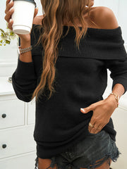 Solid Color Split-Joint Long Sleeves Loose Off-The-Shoulder Sweater Tops