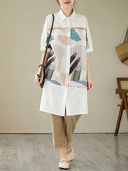 Printed Split-Joint Split-Side Loose Short Sleeves Lapel Midi Dresses