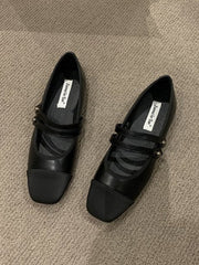 Contrast Color Round Cut Split-Joint Square-Toe Low Heels Flat Shoes Flats