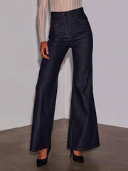 Pockets Solid Color High Waisted Wide Leg Jean Pants Bottoms
