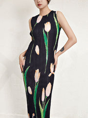 Flower Print Pleated Loose Sleeveless Round-Neck Midi Dresses