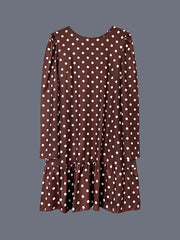 Contrast Color Pleated Polka-Dot Split-Joint A-Line Long Sleeves Round-Neck Midi Dresses