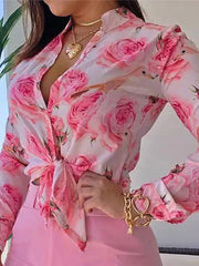 Flower Print Long Sleeves Buttoned Deep V-Neck Shirts Top +Belted Shorts Bottom Two Pieces Set