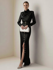 Split-Joint Heaps Collar Long Sleeves Pleated Blouses&Shirts Tops + Elasticated Waist Asymmetric Buttoned Contrast Color Split-Side Zipper Skirts Bottoms Two Pieces Set