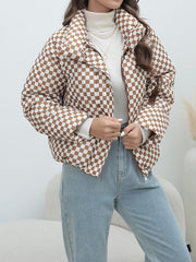Keep Warm Plaid Quilted Zipper Long Sleeves Loose Stand Collar Padded Coat