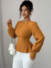 Asymmetric Pleated Ruffled Solid Color Elasticated Waist High Waisted Round-Neck Blouses&Shirts Tops