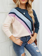 Contrast Color Striped Long Sleeves Round-Neck Sweater Tops Pullovers