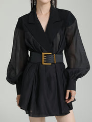Belted See-Through Puff Sleeves Loose Lapel Blouses&shirts Tops