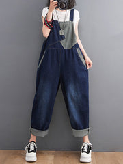 Casual Denim Contrast Color Split-Joint Overalls