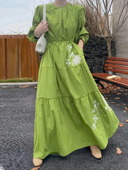 Buttoned Embroidered Pleated Pockets Split-Joint Tied Waist High Waisted Long Sleeves Round-Neck Maxi Dresses