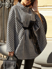 Houndstooth Tied Waist Batwing Sleeves Long Sleeves Stand Collar Outerwear Cape
