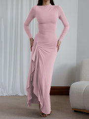 Asymmetric Pleated Ruffled Solid Color Split-Joint Bodycon High Waisted Round-Neck Maxi Dresses